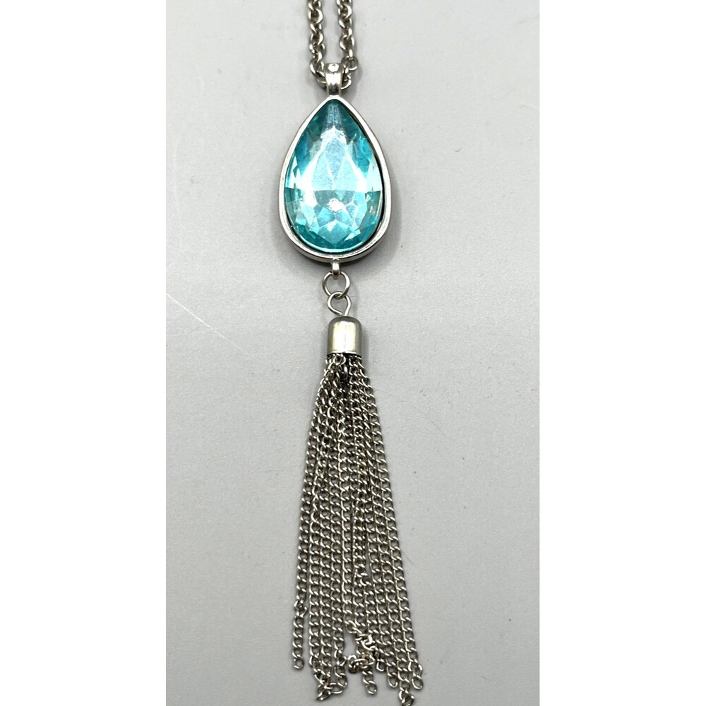 Aqua Teardrop Pendant Necklace Silver Tone Mesh Tassel Long 18" Chain